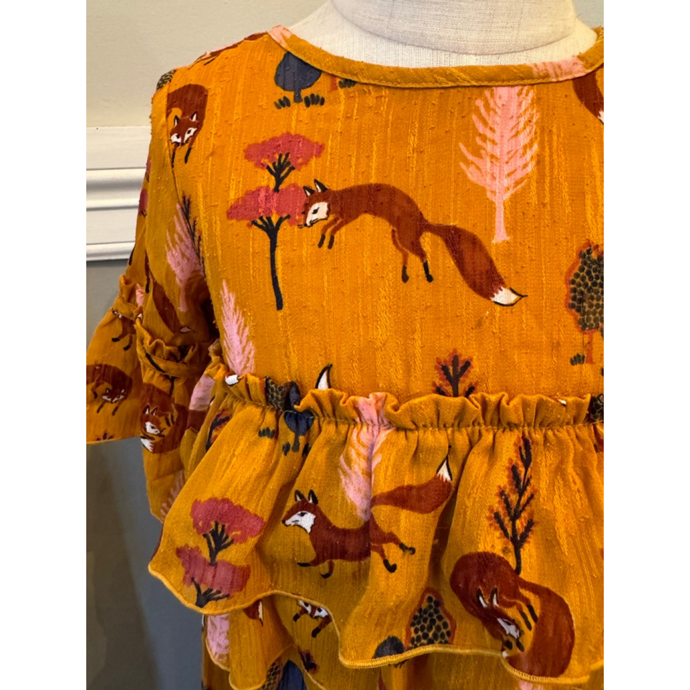 Genuine Kids from Oshkosh | Mustard Yellow Pink Fox Print Ruffle Dress | 4T - Picture 5 of 7